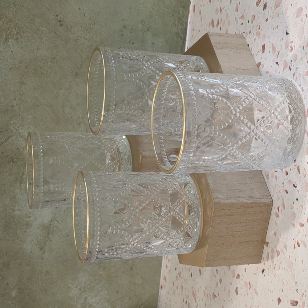 Quilted Design Old Fashioned Glasses Matte Gold Rim | Set of Four
